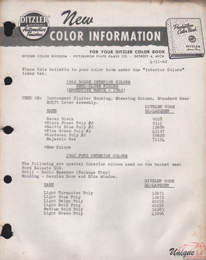 1962 Ford Paint Charts PPG 9